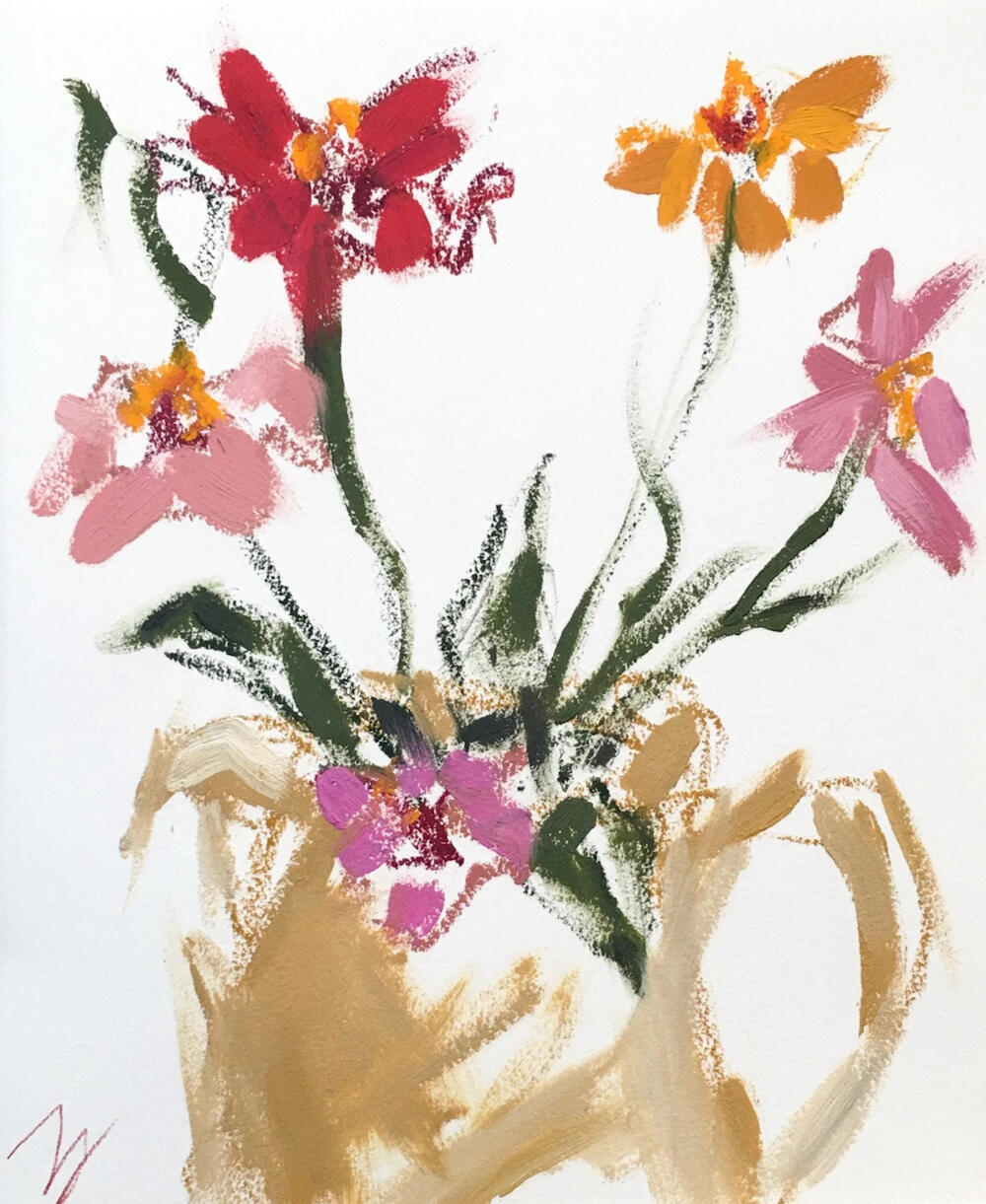 Zinnias In Ochre Jug - Oil on Arches Oil Paper - 11" x 9" - $168 CAD
